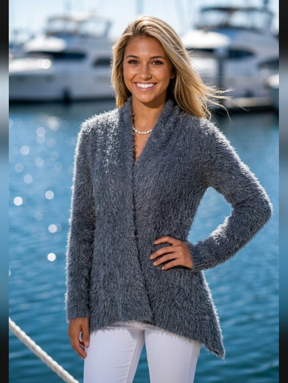 Escio Chic Gray Open Knit Back Fuzzy Material Women's Cardigan Size Small